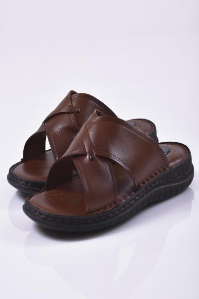 Мъжки чехли естествена кожа кафяви EOBUVKIBG